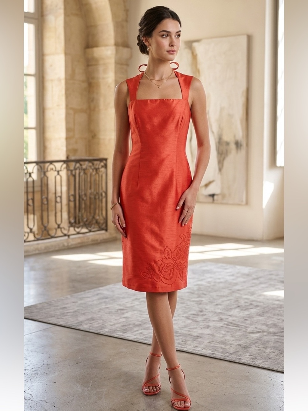 Zahra Coral Shantung Sheath Dress Beaded Floral Hem Tie Back Cocktail Size 10